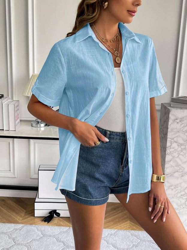 Zeagoo Women Linen Button Down Shirt Rolled Cuffed Short Sleeve Blouse Ladies Summer Casual V Neck Beach Cotton Tops