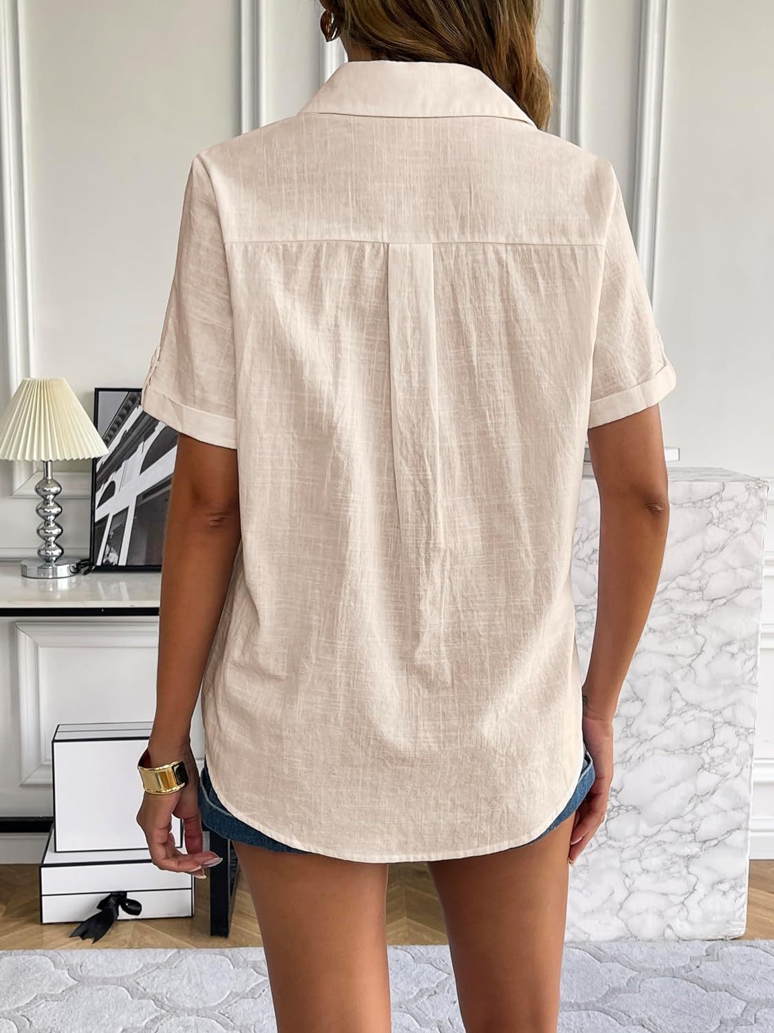 Zeagoo Women Linen Button Down Shirt Rolled Cuffed Short Sleeve Blouse Ladies Summer Casual V Neck Beach Cotton Tops