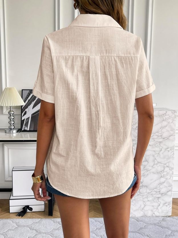 Zeagoo Women Linen Button Down Shirt Rolled Cuffed Short Sleeve Blouse Ladies Summer Casual V Neck Beach Cotton Tops