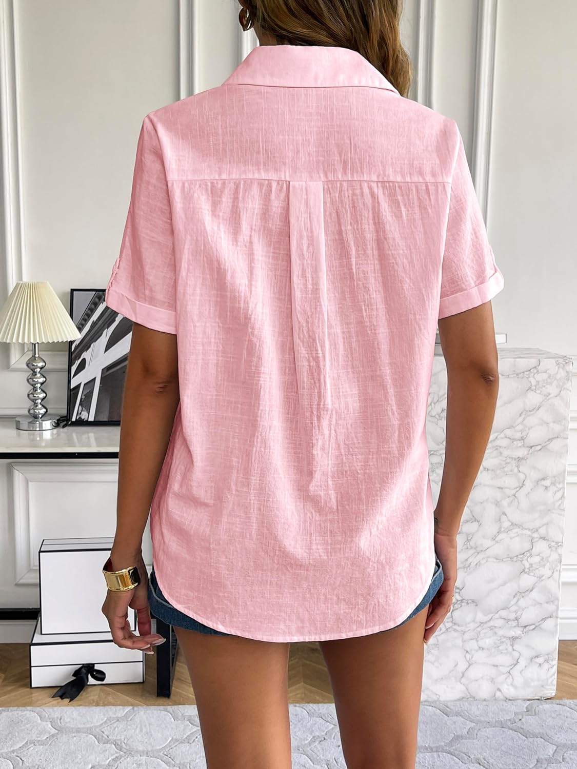 Zeagoo Women Linen Button Down Shirt Rolled Cuffed Short Sleeve Blouse Ladies Summer Casual V Neck Beach Cotton Tops