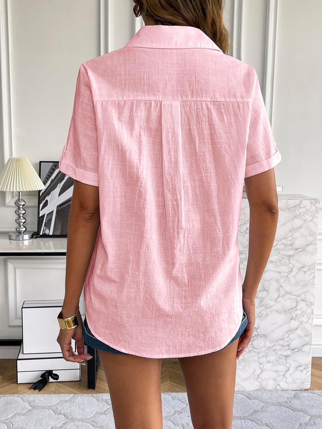 Zeagoo Women Linen Button Down Shirt Rolled Cuffed Short Sleeve Blouse Ladies Summer Casual V Neck Beach Cotton Tops