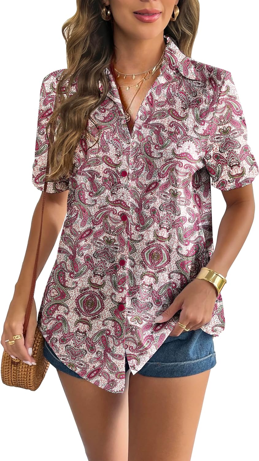 Zeagoo Women Linen Button Down Shirt Rolled Cuffed Short Sleeve Blouse Ladies Summer Casual V Neck Beach Cotton Tops