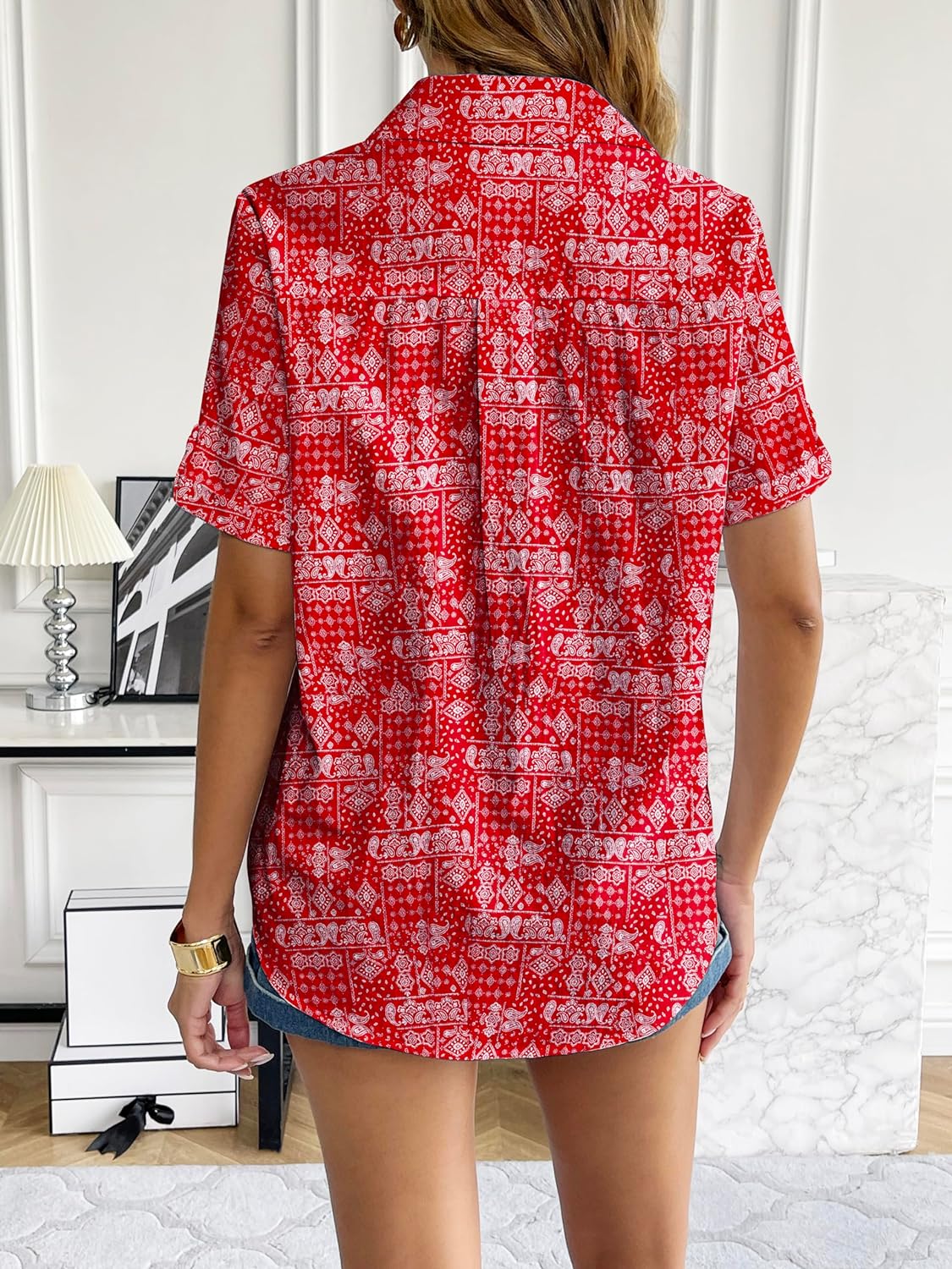 Zeagoo Women Linen Button Down Shirt Rolled Cuffed Short Sleeve Blouse Ladies Summer Casual V Neck Beach Cotton Tops