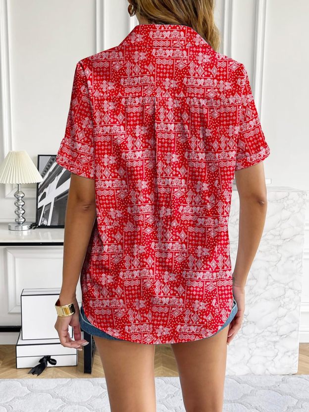 Zeagoo Women Linen Button Down Shirt Rolled Cuffed Short Sleeve Blouse Ladies Summer Casual V Neck Beach Cotton Tops