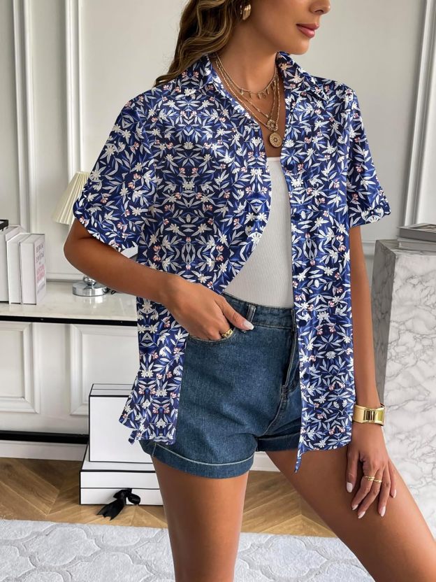 Zeagoo Women Linen Button Down Shirt Rolled Cuffed Short Sleeve Blouse Ladies Summer Casual V Neck Beach Cotton Tops