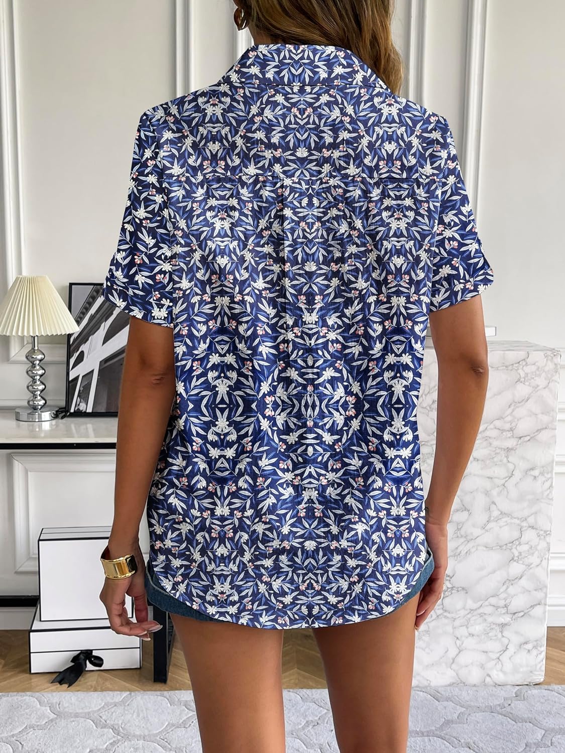 Zeagoo Women Linen Button Down Shirt Rolled Cuffed Short Sleeve Blouse Ladies Summer Casual V Neck Beach Cotton Tops