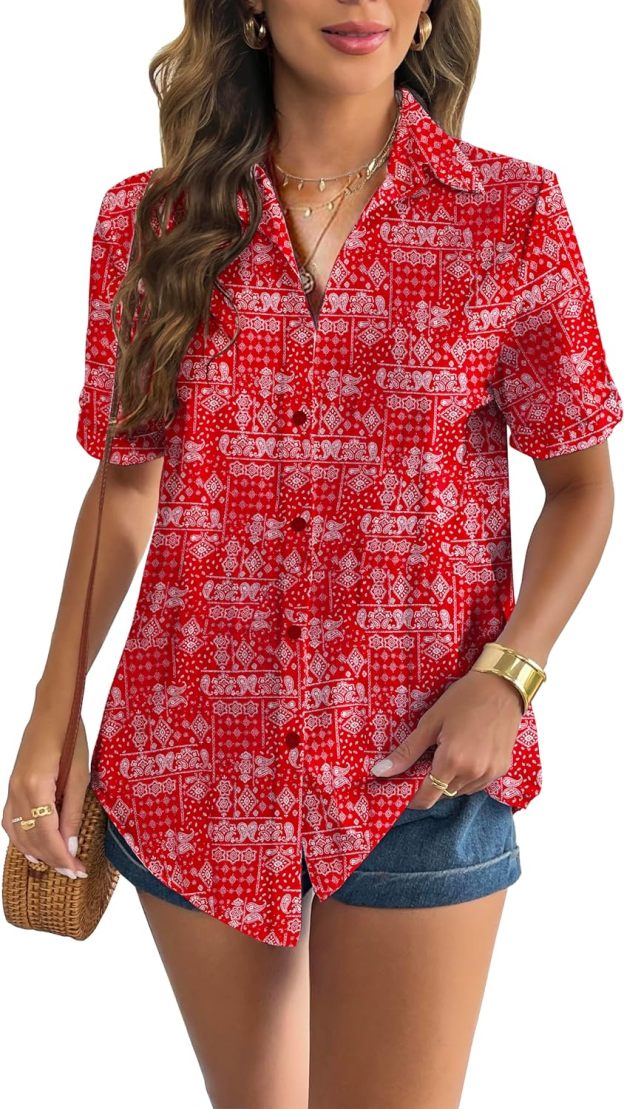 Zeagoo Women Linen Button Down Shirt Rolled Cuffed Short Sleeve Blouse Ladies Summer Casual V Neck Beach Cotton Tops