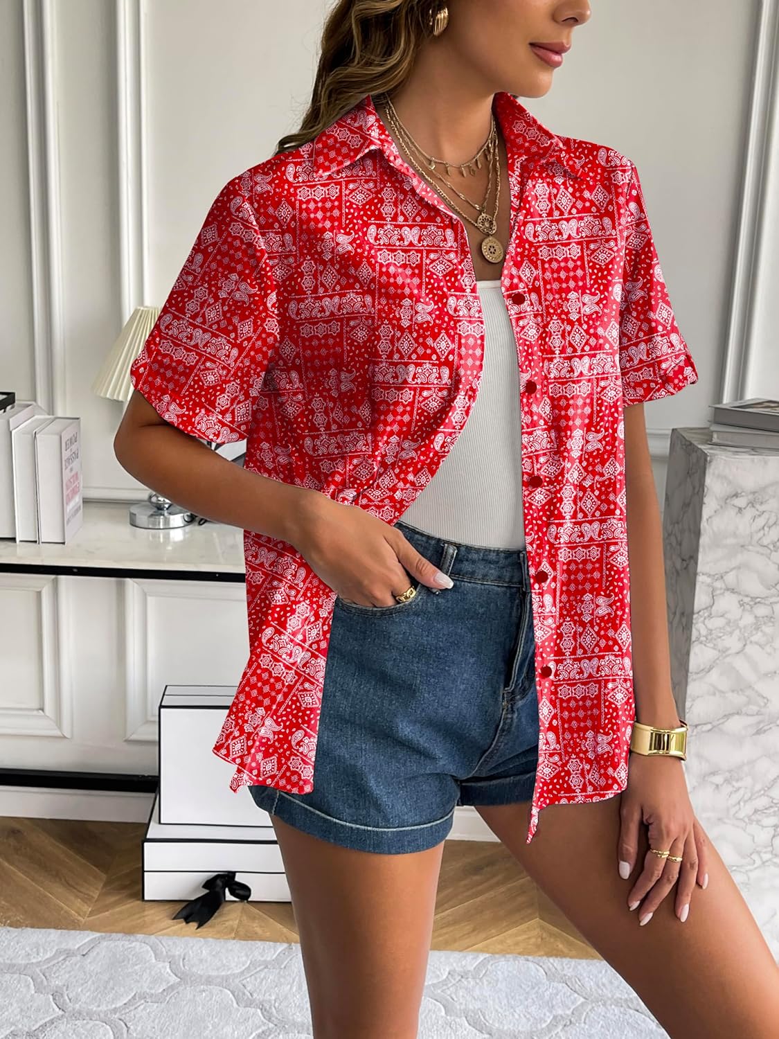 Zeagoo Women Linen Button Down Shirt Rolled Cuffed Short Sleeve Blouse Ladies Summer Casual V Neck Beach Cotton Tops