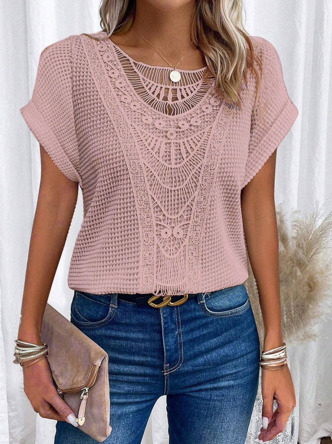 Lace Splicing Crew Neck Short Sleeve Top