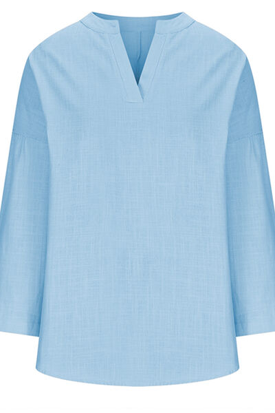 Solid Color Notched Long Sleeve Blouse