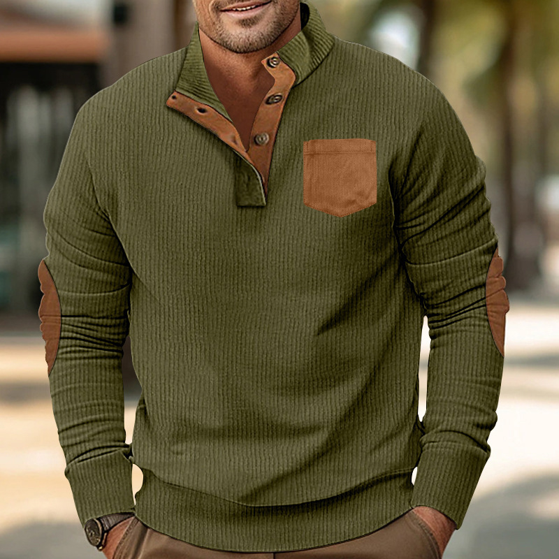 Men's pocket stand collar long sleeve corduroy colorblock sweatshirt