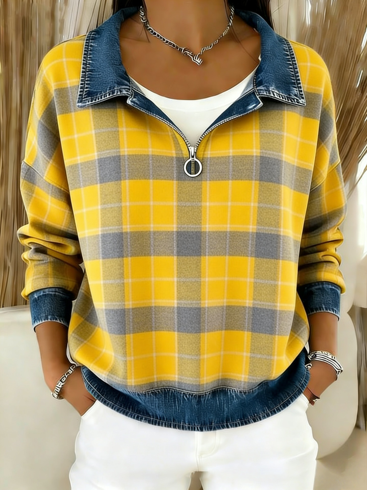 Clearance Sale 🔥 Women's Vintage Plaid Denim Patchwork Half-Zip Top