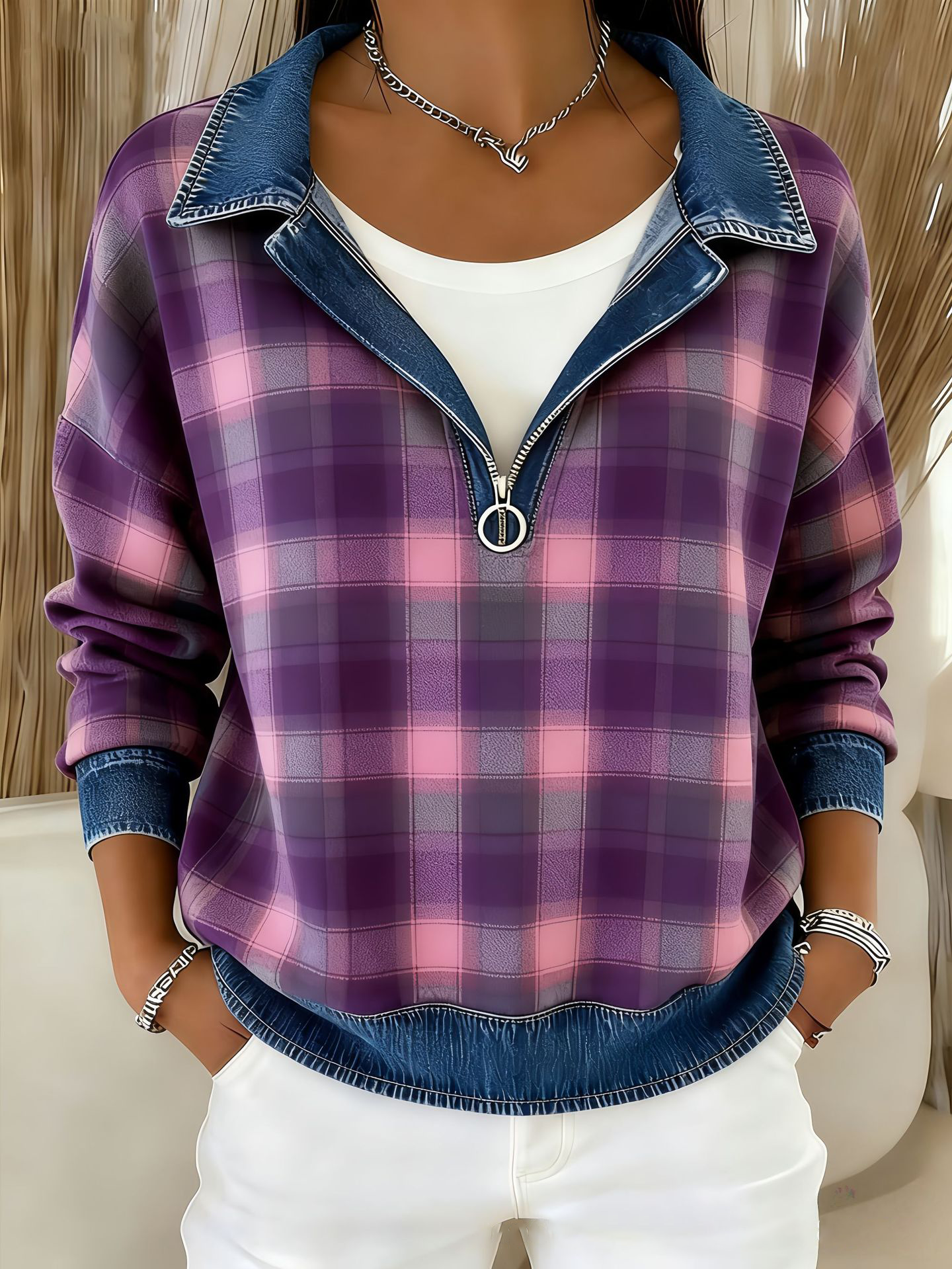 Clearance Sale 🔥 Women's Vintage Plaid Denim Patchwork Half-Zip Top