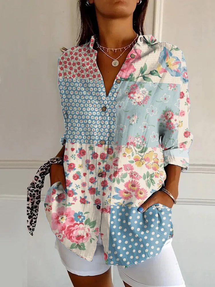 Women¡¯s Abstract Line Cotton Linen Shirt