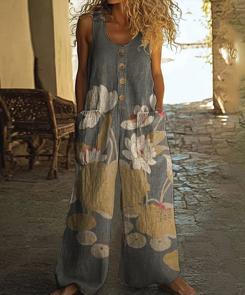 Cotton Linen Vintage Print Jumpsuit | Buy 2 for Free Shipping