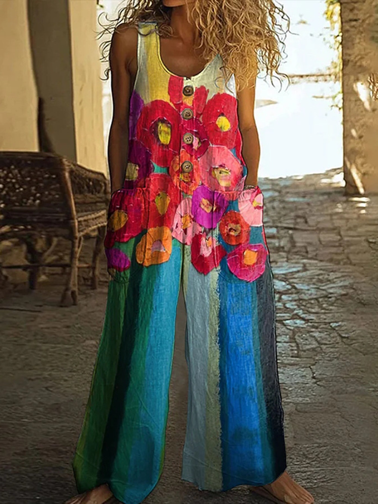 Cotton Linen Vintage Print Jumpsuit | Buy 2 for Free Shipping