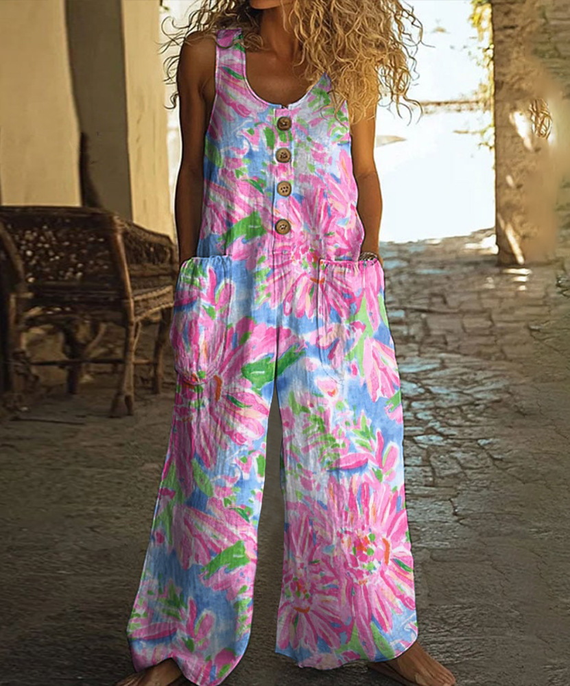 Cotton Linen Vintage Print Jumpsuit | Buy 2 for Free Shipping
