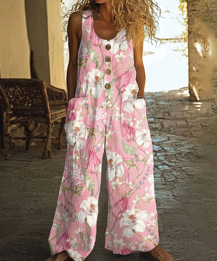 Cotton Linen Vintage Print Jumpsuit | Buy 2 for Free Shipping