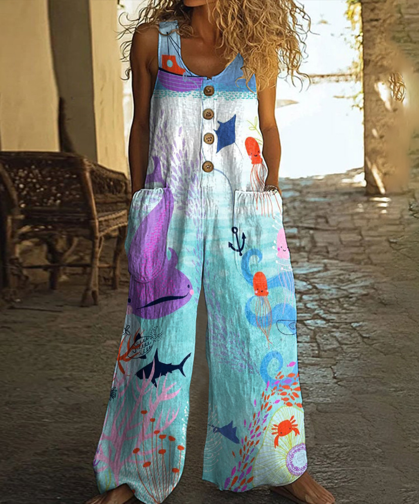 Cotton Linen Vintage Print Jumpsuit | Buy 2 for Free Shipping