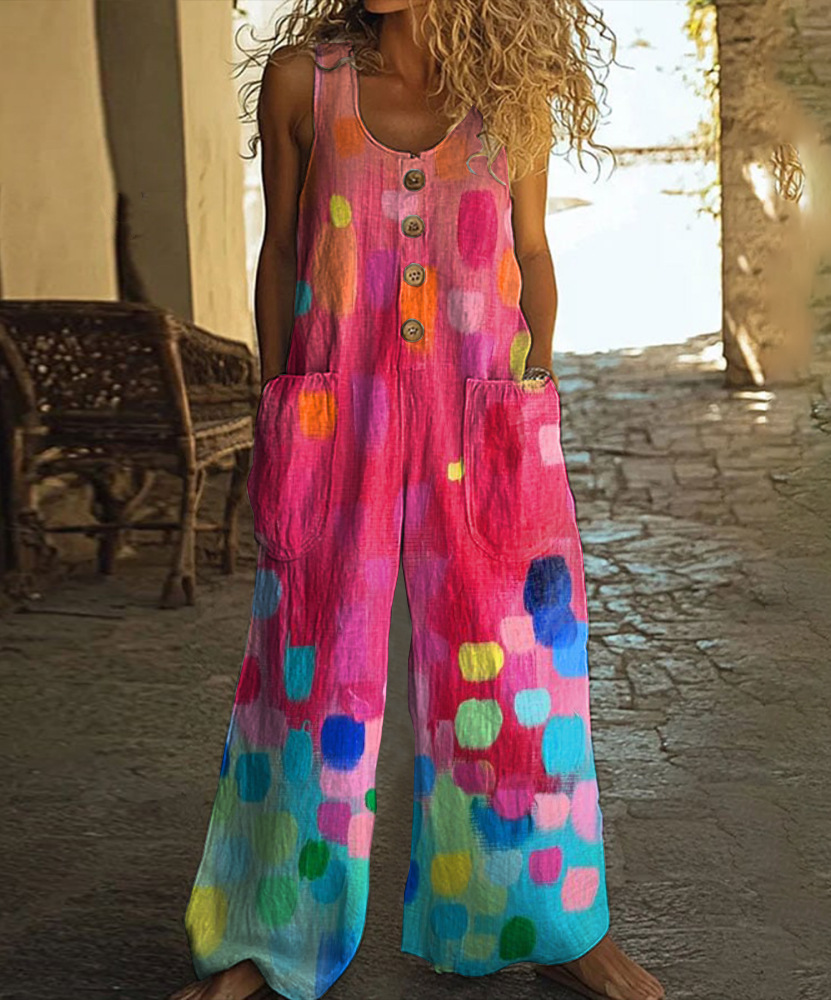 Cotton Linen Vintage Print Jumpsuit | Buy 2 for Free Shipping