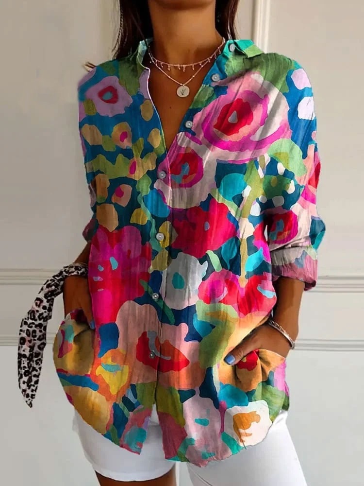 Women¡¯s Abstract Line Cotton Linen Shirt