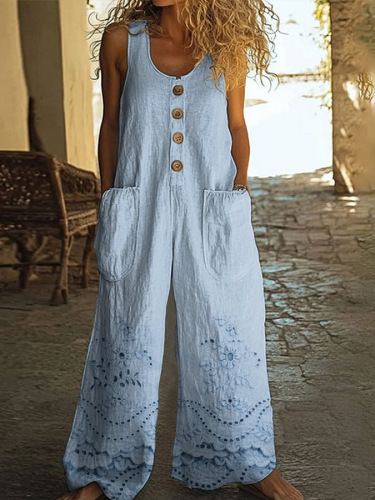 Cotton Linen Vintage Print Jumpsuit | Buy 2 for Free Shipping