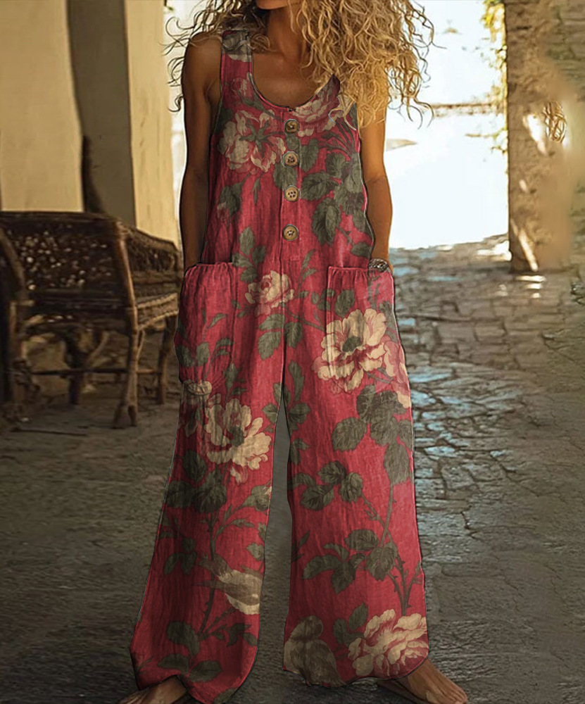 Cotton Linen Vintage Print Jumpsuit | Buy 2 for Free Shipping