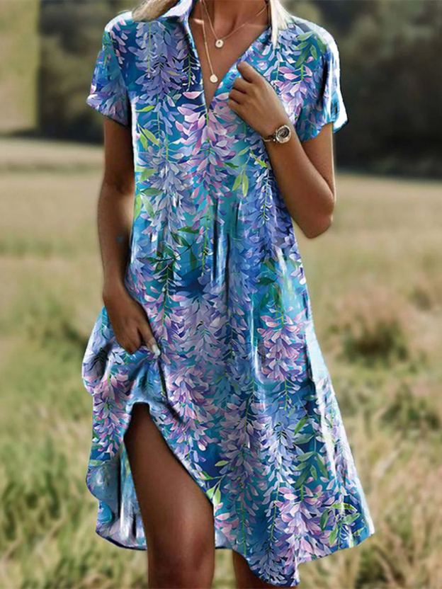 Casual Ditsy Floral Polo Collar Dress