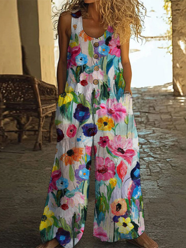 Cotton Linen Vintage Print Jumpsuit | Buy 2 for Free Shipping