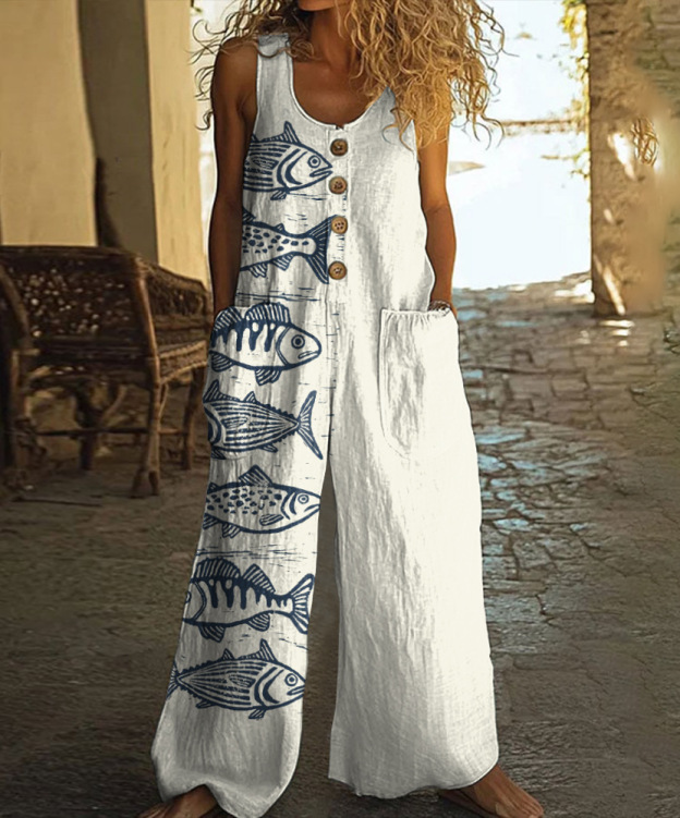 Cotton Linen Vintage Print Jumpsuit | Buy 2 for Free Shipping