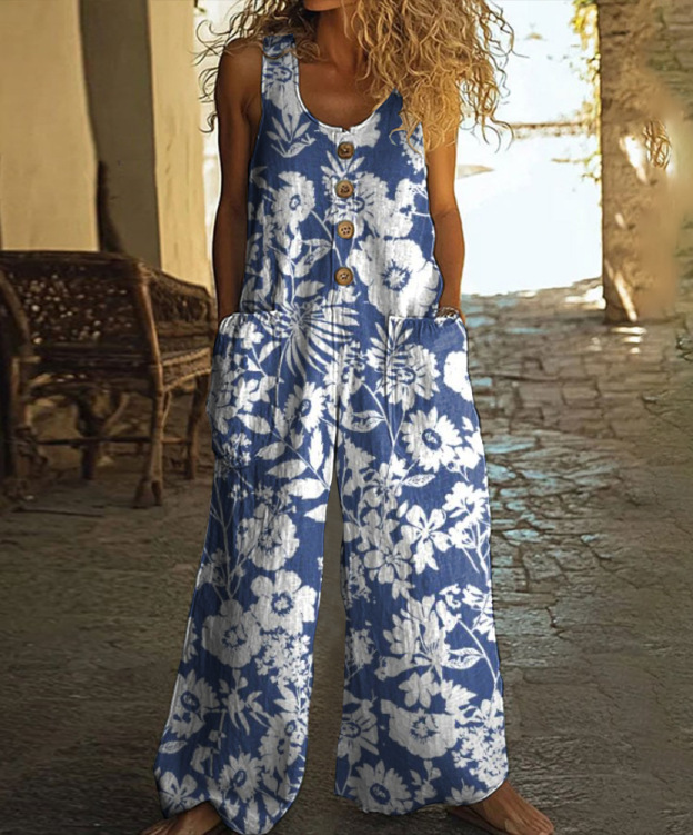 Cotton Linen Vintage Print Jumpsuit | Buy 2 for Free Shipping