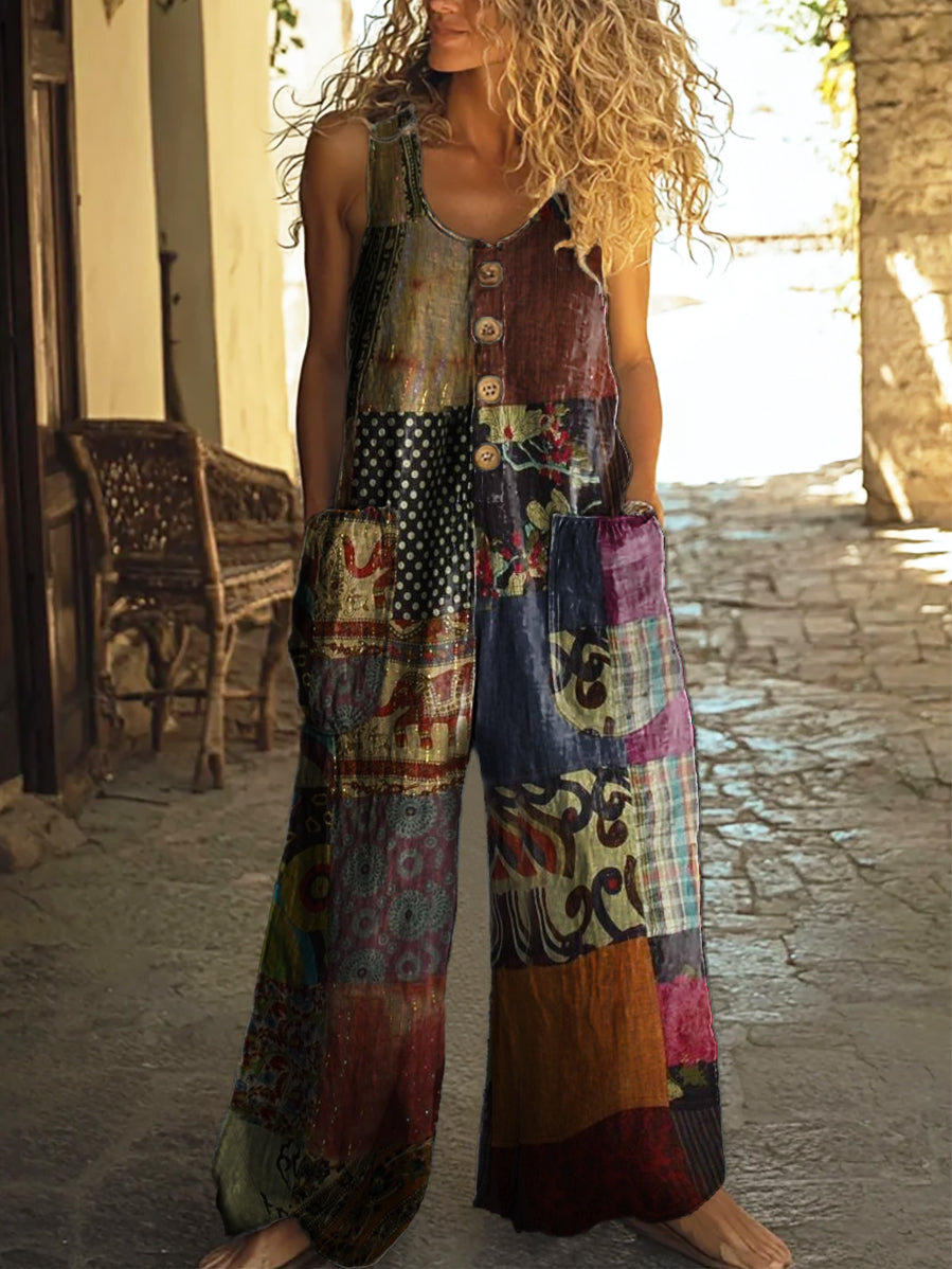 Cotton Linen Vintage Print Jumpsuit | Buy 2 for Free Shipping