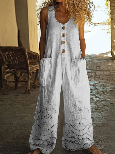 Cotton Linen Vintage Print Jumpsuit | Buy 2 for Free Shipping
