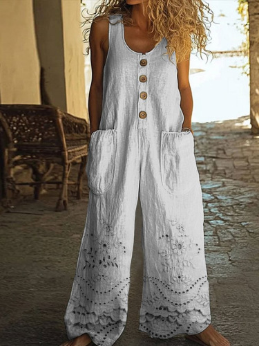 Cotton Linen Vintage Print Jumpsuit | Buy 2 for Free Shipping