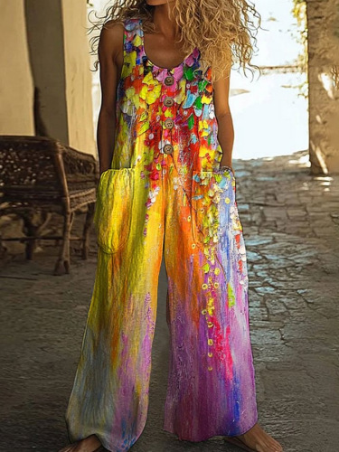 Cotton Linen Vintage Print Jumpsuit | Buy 2 for Free Shipping