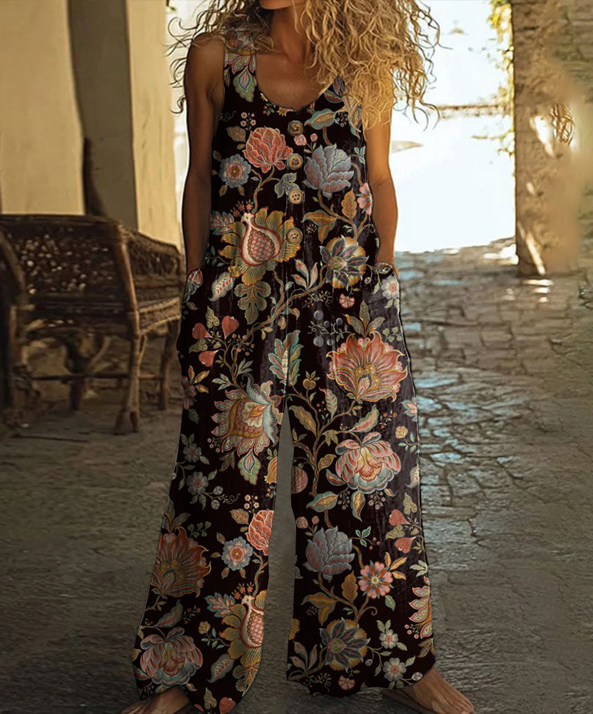 Cotton Linen Vintage Print Jumpsuit | Buy 2 for Free Shipping