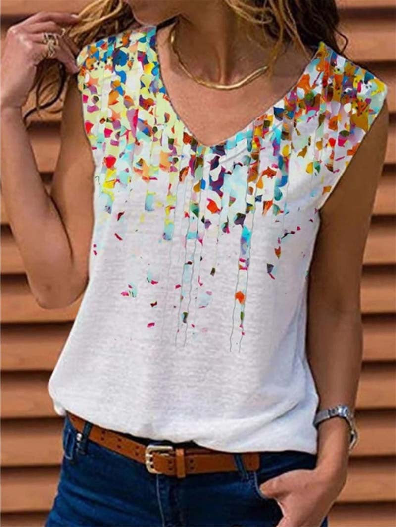 Women Loose Sleeveless V-neck Printed Vest T-shirt