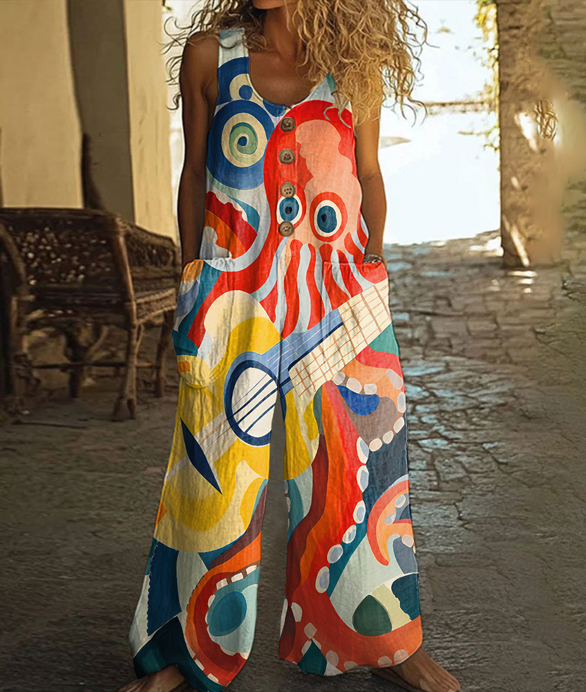 Cotton Linen Vintage Print Jumpsuit | Buy 2 for Free Shipping