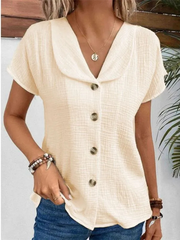 Summer new solid color short-sleeved cardigan button women's tops thin