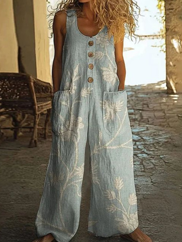 Cotton Linen Vintage Print Jumpsuit | Buy 2 for Free Shipping