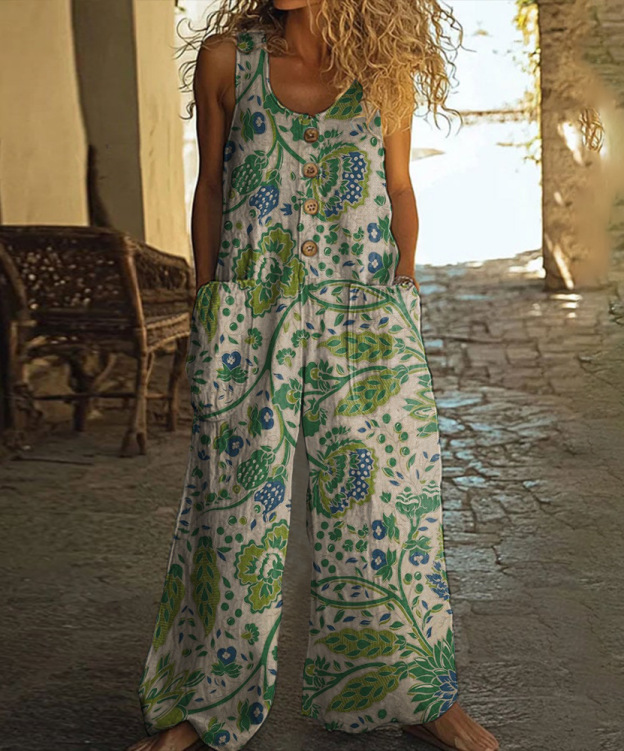 Cotton Linen Vintage Print Jumpsuit | Buy 2 for Free Shipping