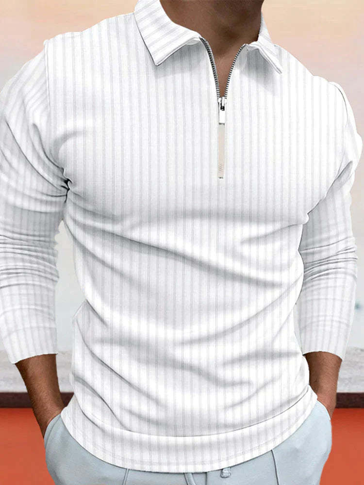 lininco Zipper Stripe Long Sleeve Polo Shirt
