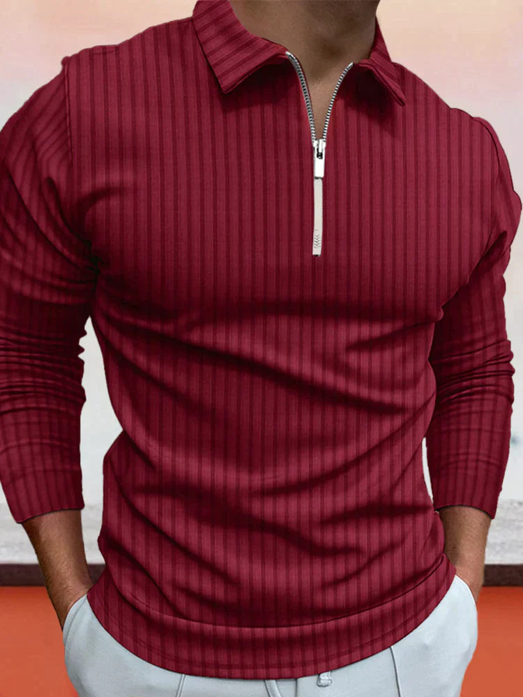 lininco Zipper Stripe Long Sleeve Polo Shirt
