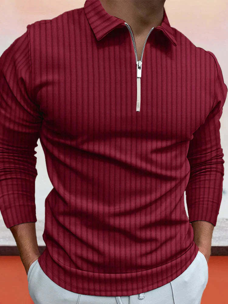 lininco Zipper Stripe Long Sleeve Polo Shirt