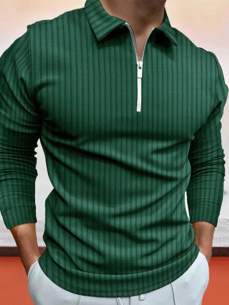 lininco Zipper Stripe Long Sleeve Polo Shirt