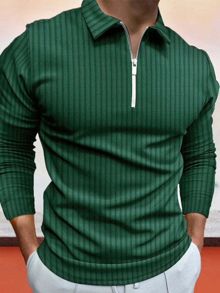 lininco Zipper Stripe Long Sleeve Polo Shirt