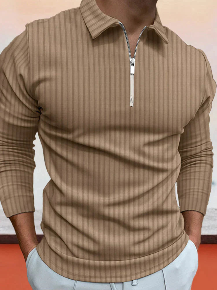 lininco Zipper Stripe Long Sleeve Polo Shirt