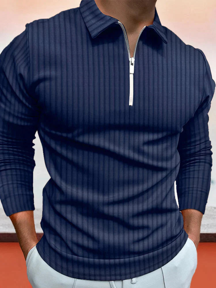 lininco Zipper Stripe Long Sleeve Polo Shirt