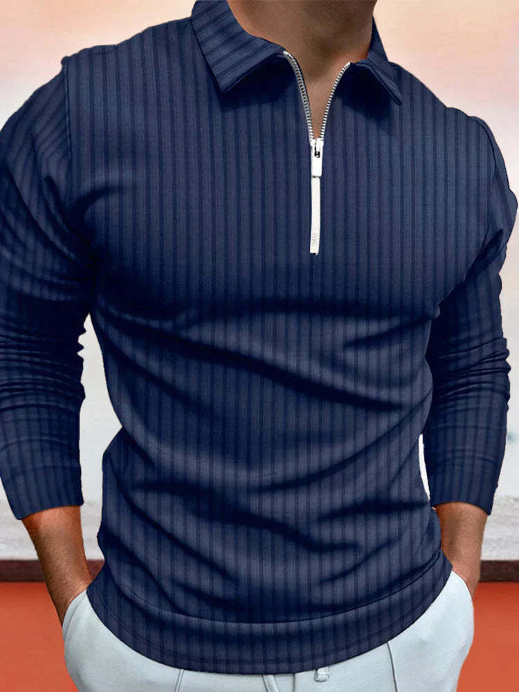 lininco Zipper Stripe Long Sleeve Polo Shirt