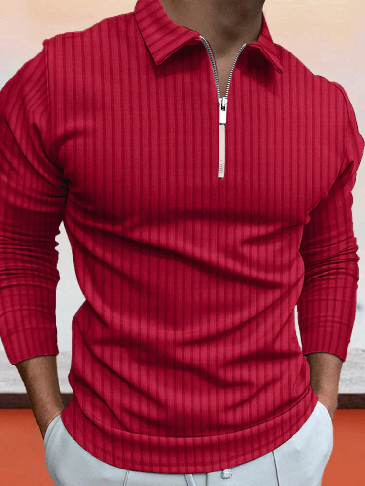 lininco Zipper Stripe Long Sleeve Polo Shirt